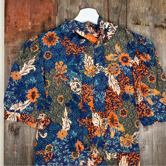 Julia Jordan Navy Fall Floral Puff Sleeve Midi Dress Tie Neck size 2 - Picture 4 of 14